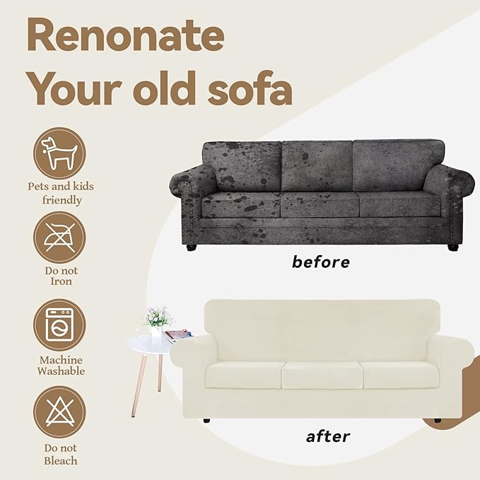 WEERRW 4 Pieces Velvet High Stretch Couch Covers for 3 Cushion Couch Sofa Slipcovers, Washable Furniture Protector with Non Slip Elastic Bottom, Feature Soft and Thick Plush Fabric, Ivory, Large