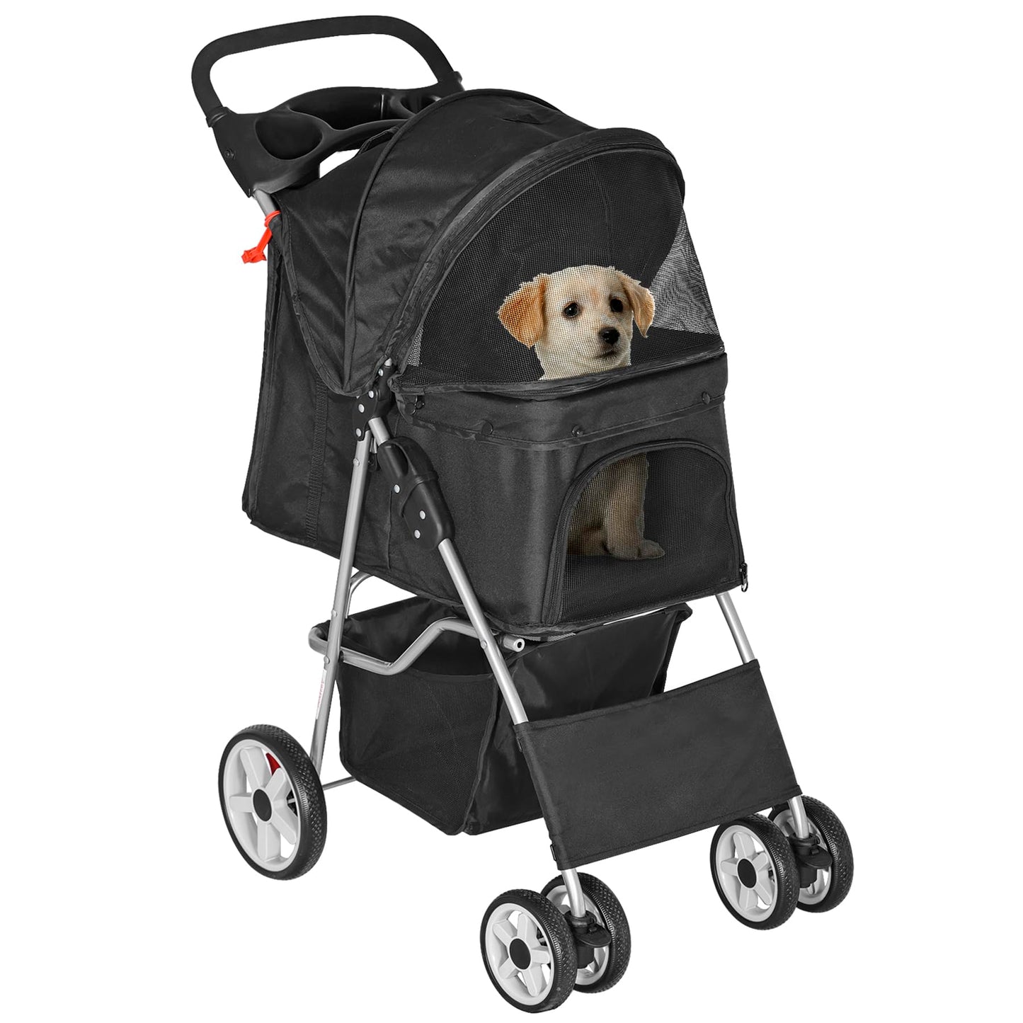 Epetlover Pet Stroller for Dogs, Black 4 Wheels Cat Strolling Cart Foldable Travel Carrier, Waterproof Puppy Jogger Stroller with Storage Basket & Cup Holder
