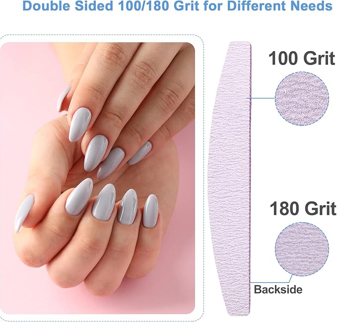 Nail Files (25 Pcs), 100/180 Grit Nail File Emery Board Bulk for Acrylic Nails and Natural Nails, Limas para Unas Acrilicas Profesional Pack Filers for Gel Nail Double Sided Manicure Curved Gray