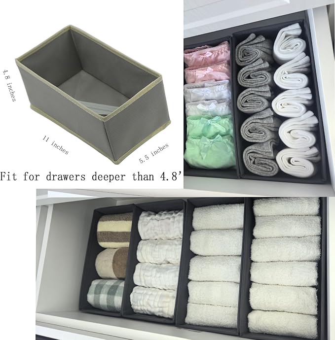 Sock Drawer Organizer 3 Pack - Foldable Fabric Storage Bins for Underwear Divider, Small Closet Organizers with 3 Compartments, Light Gray