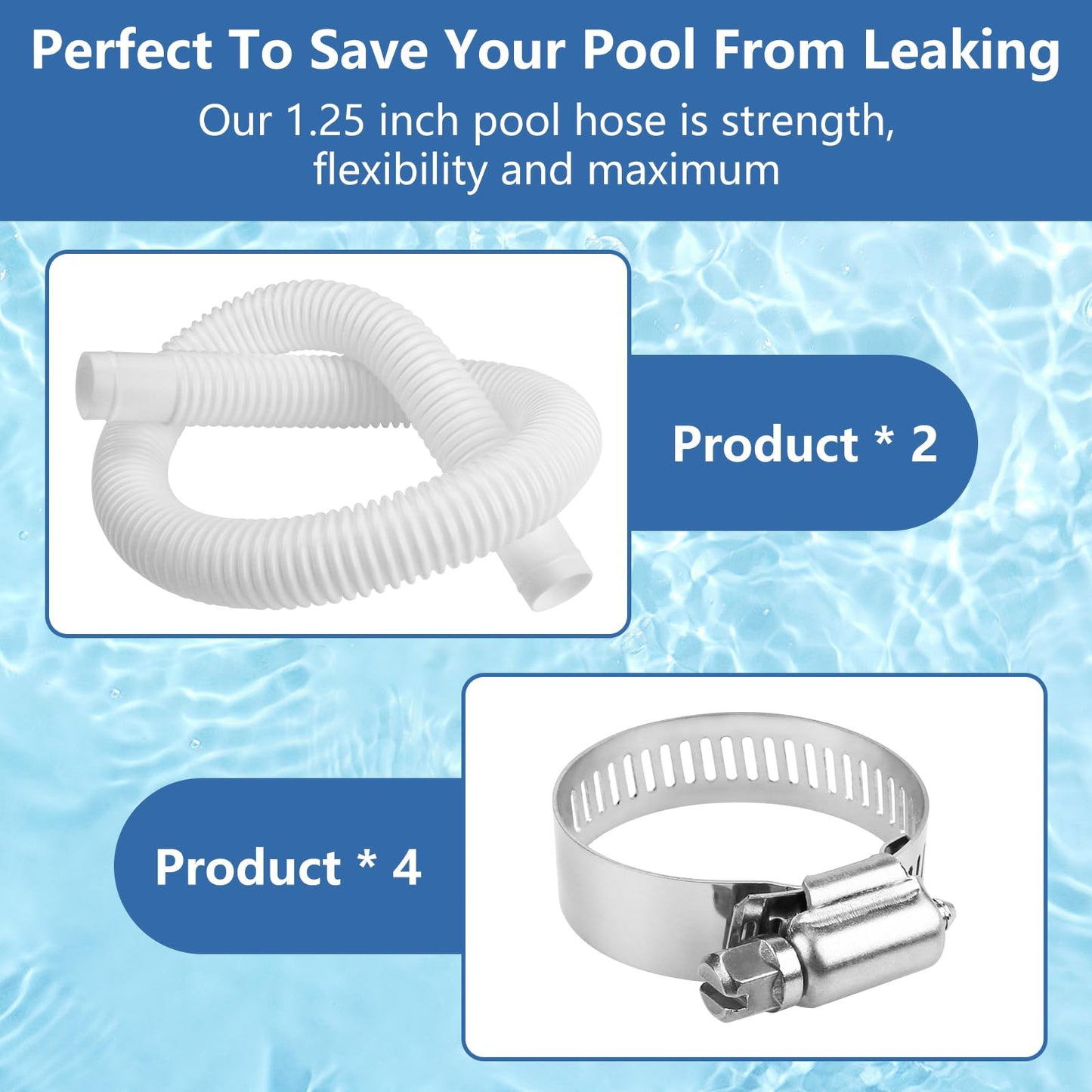 1-1/4 Inch x 3 Foot Long Pool Filter Pump Hoses, 1.25 Pool Hoses Compatible with Intex White Above Ground Pool Flex Connection Suction Hose or Filter - 2 Pack
