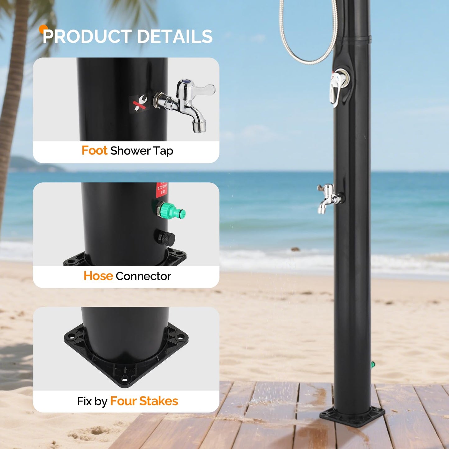 VINGLI 5 Gallon Solar Heated Outdoor Shower, 7.2 FT Height, Freestanding Outside Shower with 360° Swivel Shower Head & Foot Faucet, Hot & Cold Water Adjustment, Black
