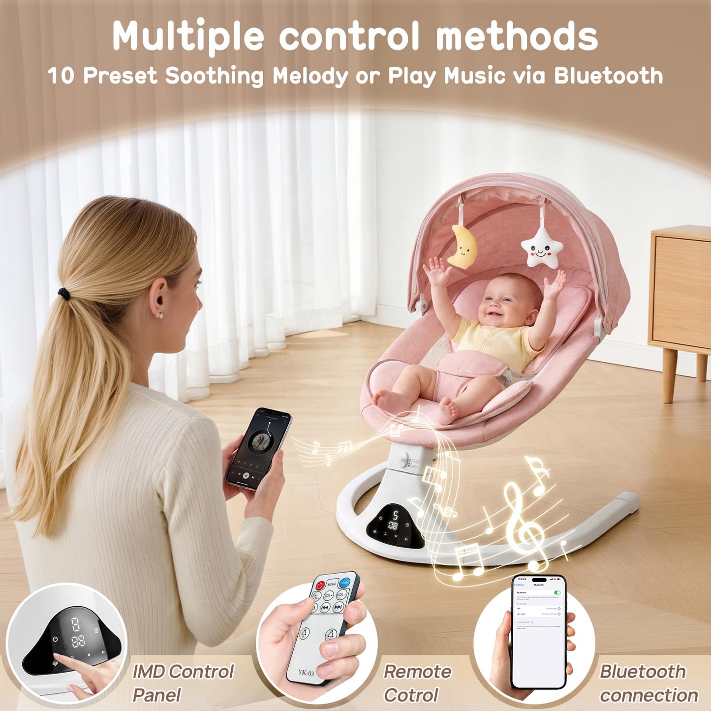 Electric Baby Swing with Remote Control - 5 Natural Motion Speeds, Detachable Seat Pad | Portable Infant Swing for Indoor/Outdoor Use (0-12M, 20lbs) (Pink)