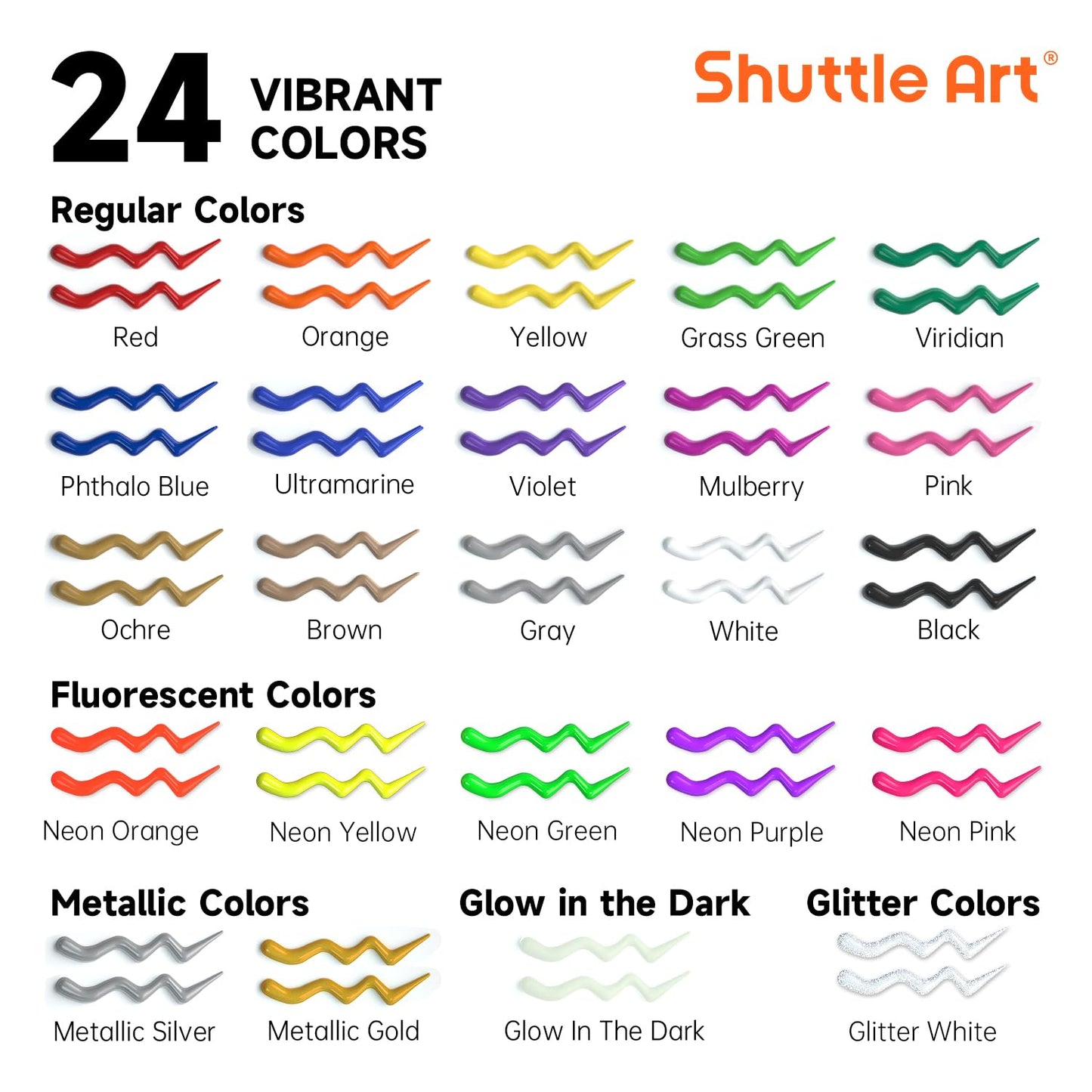 Shuttle Art Fabric Paint, 24 Colors 3D Permanent Paint with Brushes Palette Pen Fabric Sheet Stencils, Glow in The Dark, Glitter, Metallic Colors for Textile Fabric T-shirt Jeans Glass