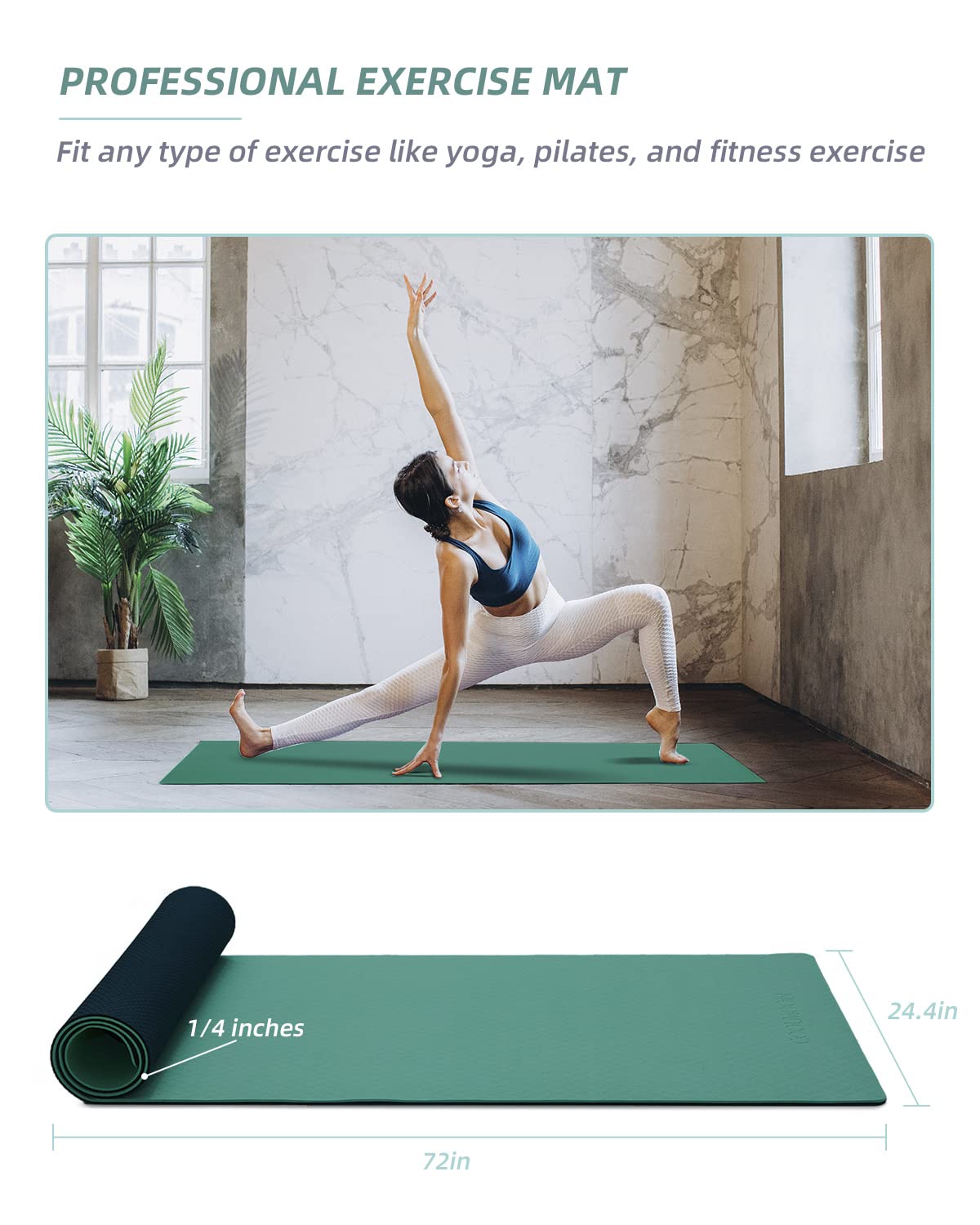 COOLMOON Yoga Mat Non Slip, Anti-Tear 1/4 Thick TPE Yoga Mats for Women and Men, 72"x24" Exercise & Fitness Mat with Carrying Strap, Workout Mats for Yoga, Pilates and Floor Exercise