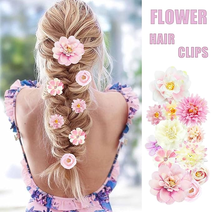 21 PCS Flowers Hair Accessories Women Boho Hair Barrettes Clips Girls Pink Purple Floral Rose Bride Headpiece Wedding Festival(PINK & PURPLE)