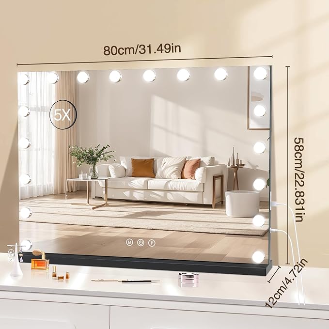 Vanity Mirror with Lights, 31.5" x 23.6" Large Makeup Mirror with LED Lights, Smart Touch Dimmable 3-Color Light, Memory Function, USB Charging Port Gold