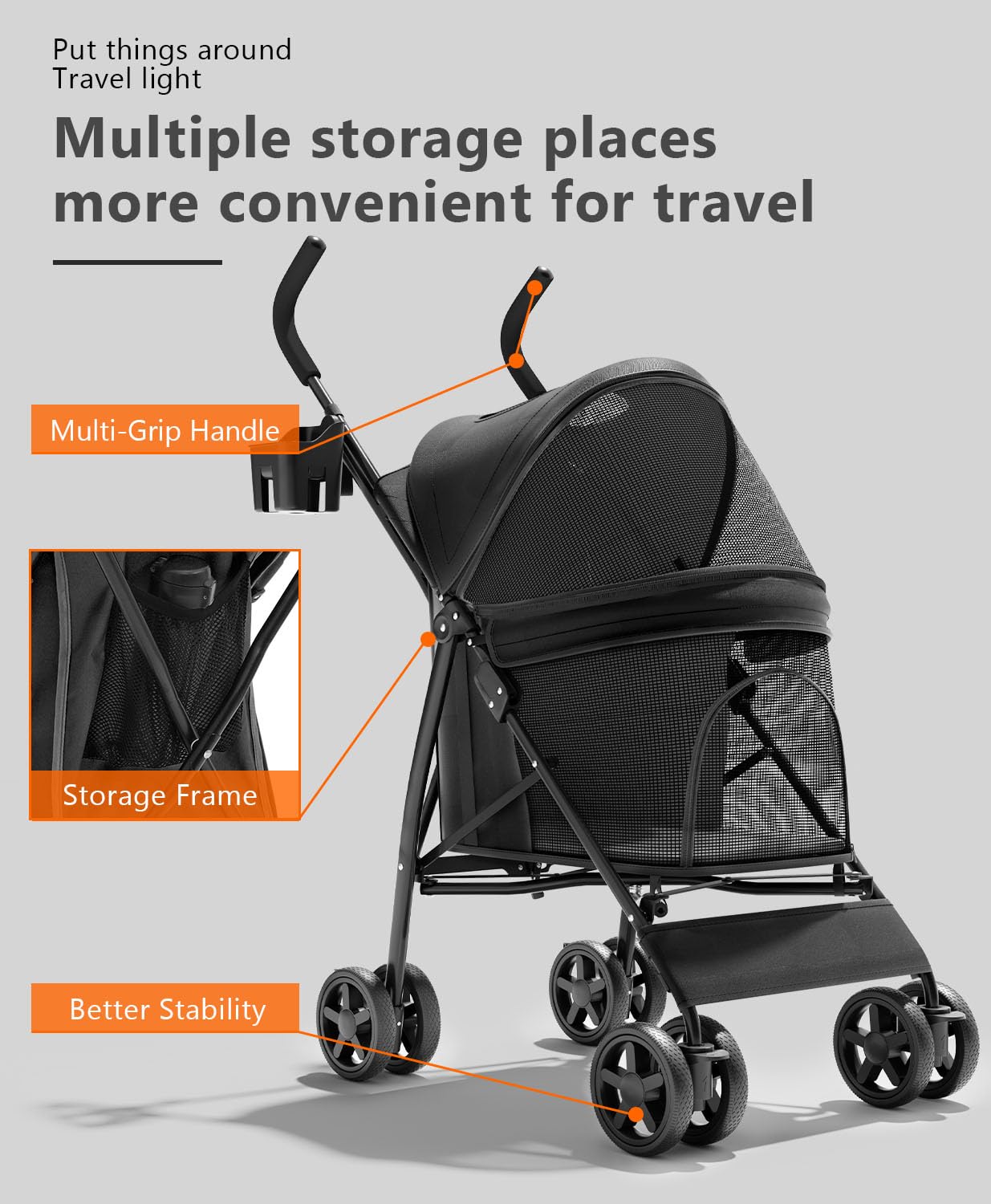OS MOTOR Pet Stroller with 4 Wheels for Small/Medium Pets, Portable Travel Foldable Carrier Jogger for Dog Cat Puppy Kitty, Rear Wheel Breaks, Storage Basket, Visible Mesh with Weather Cover (Black)