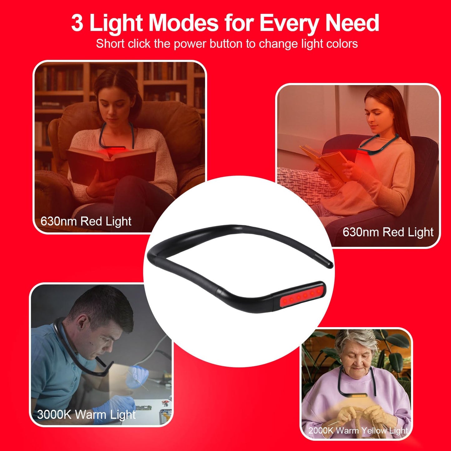 Finezeal 630nm Red Neck Reading Light - Zero Blue Light, Rechargeable Dimmable Portable LED Red Neck Book Lamp for Reading, Crafts, Knitting, Crochet at Night, Ideal Gift for Readers and Craft Lovers