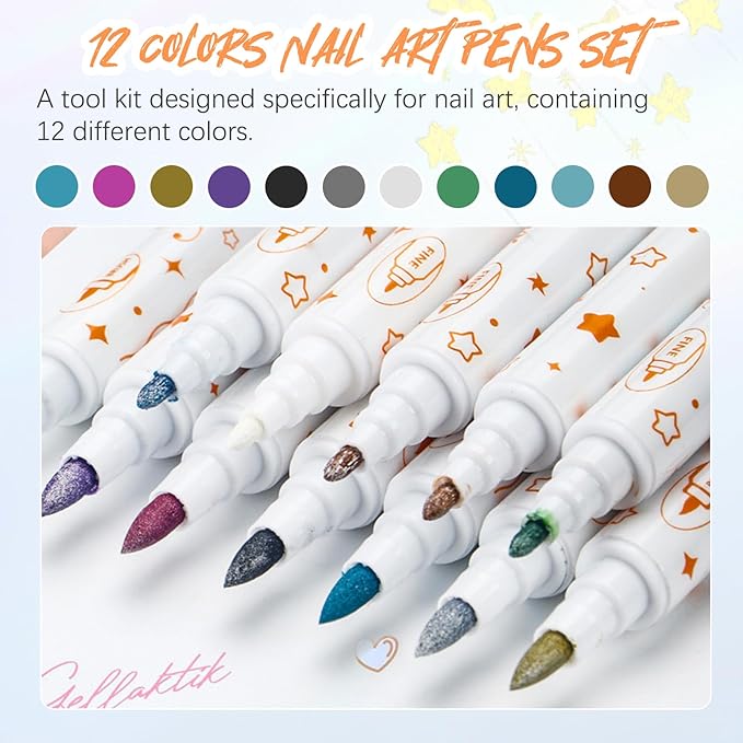 12 Color Nail Art Pens for Painting Nails, Double-ended Nail Polish Pens Drawing Point Liner Acrylic Painted Pen Kit, Waterproof Quick-drying for DIY Nails Art Design Manicure Tools