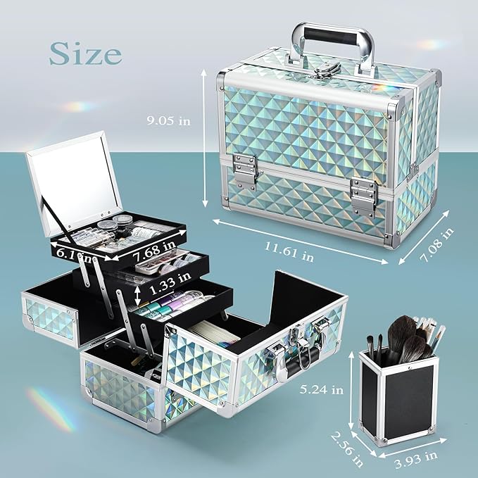 Joligrace Makeup Box 11.6-Inch Cosmetic Train Case for Women Travel Jewelry Organizer with Compartments & Mirror Portable Lockable Make-up Trunk Turquoise
