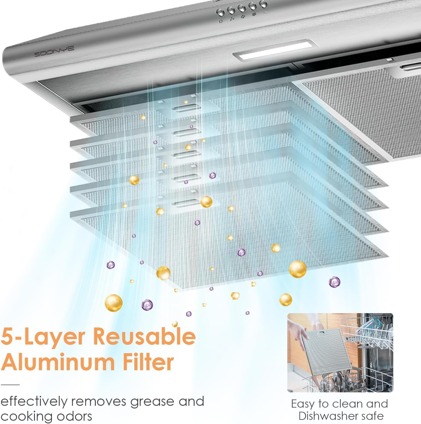 SOONYE 30 inch Stainless Steel Under Cabinet Range Hood, Slim Kitchen Vent Hood Ducted/Ductless Convertible with 3 Speed Controls, 5-Layer Aluminum Filters,LED Lights