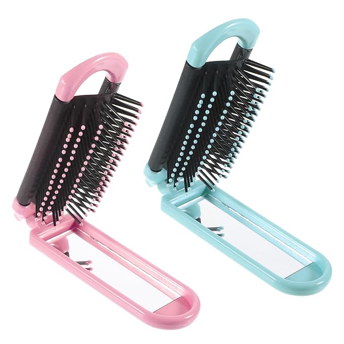 Foldable Hair Brush with Mirror, 2 Pcs Portable Travel Hairbrush Anti-static Mini Hair Brush Pocket Size Compact Massage Comb Hairstyling Tools for Women Girls Home Travel Gym Purse (Pink, Blue)