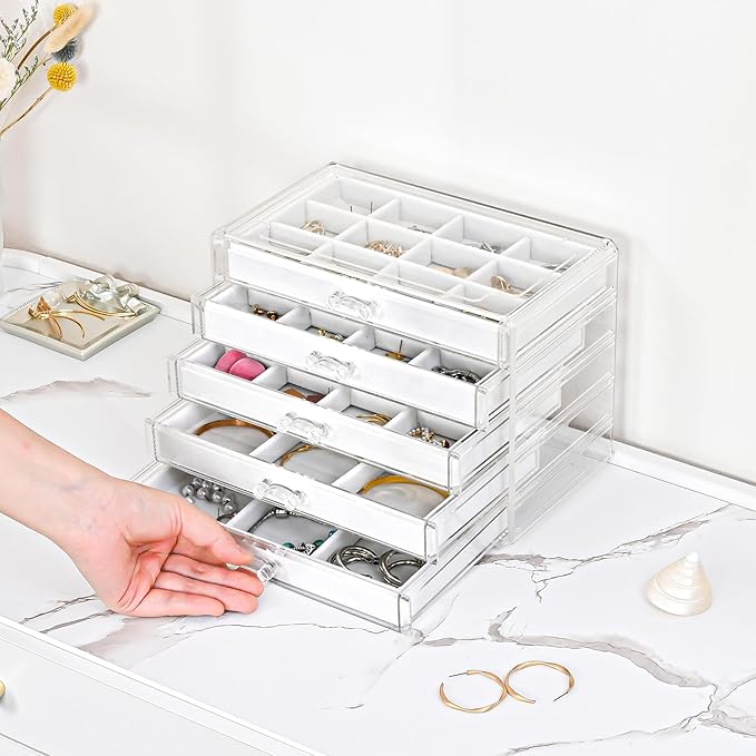 ProCase Earring Holder Organizer Jewelry Box with 5 Drawers, Acrylic Clear Earring Case with Adjustable Velvet Trays for Women - Warmwhite,5 Layers