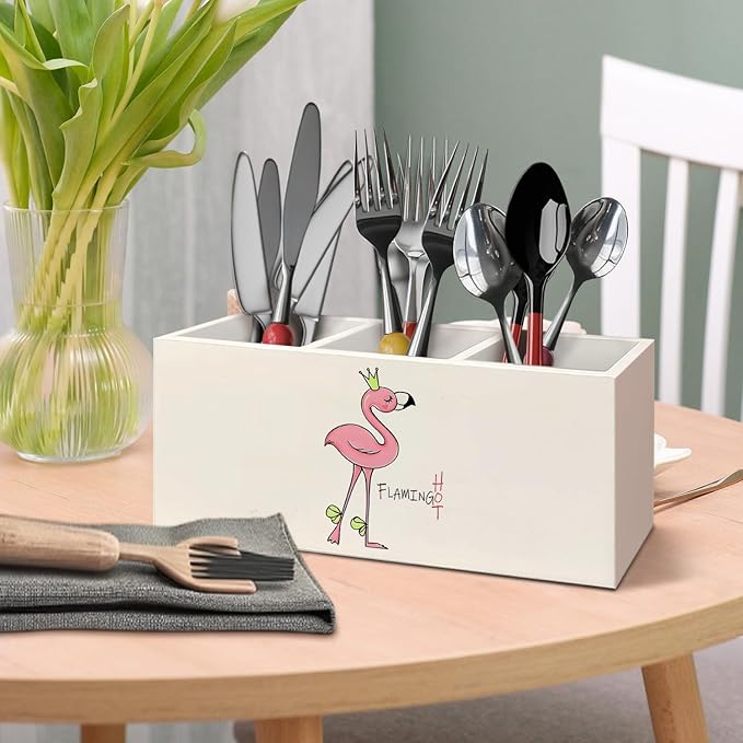 Funny Flamingo Wooden Pen Pencil Holder for Desk Accessories, Preppy Girly Desk Decor, Funny Pink Flamingo Wood Makeup Brush Toothbrush Holder Organizer for Vanity Bathroom