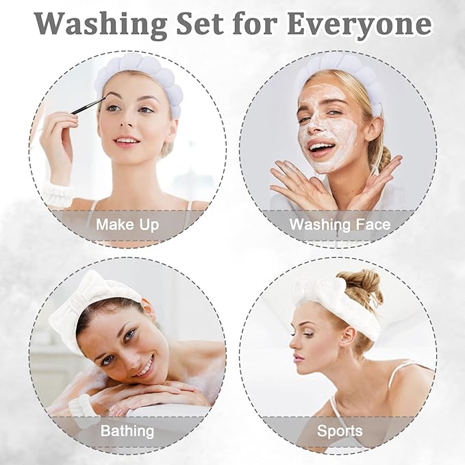 Spa Headband and Wristbands Set - 6 Pcs Terry Cloth Puffy Headbands for Skincare, Makeup Removal and Shower
