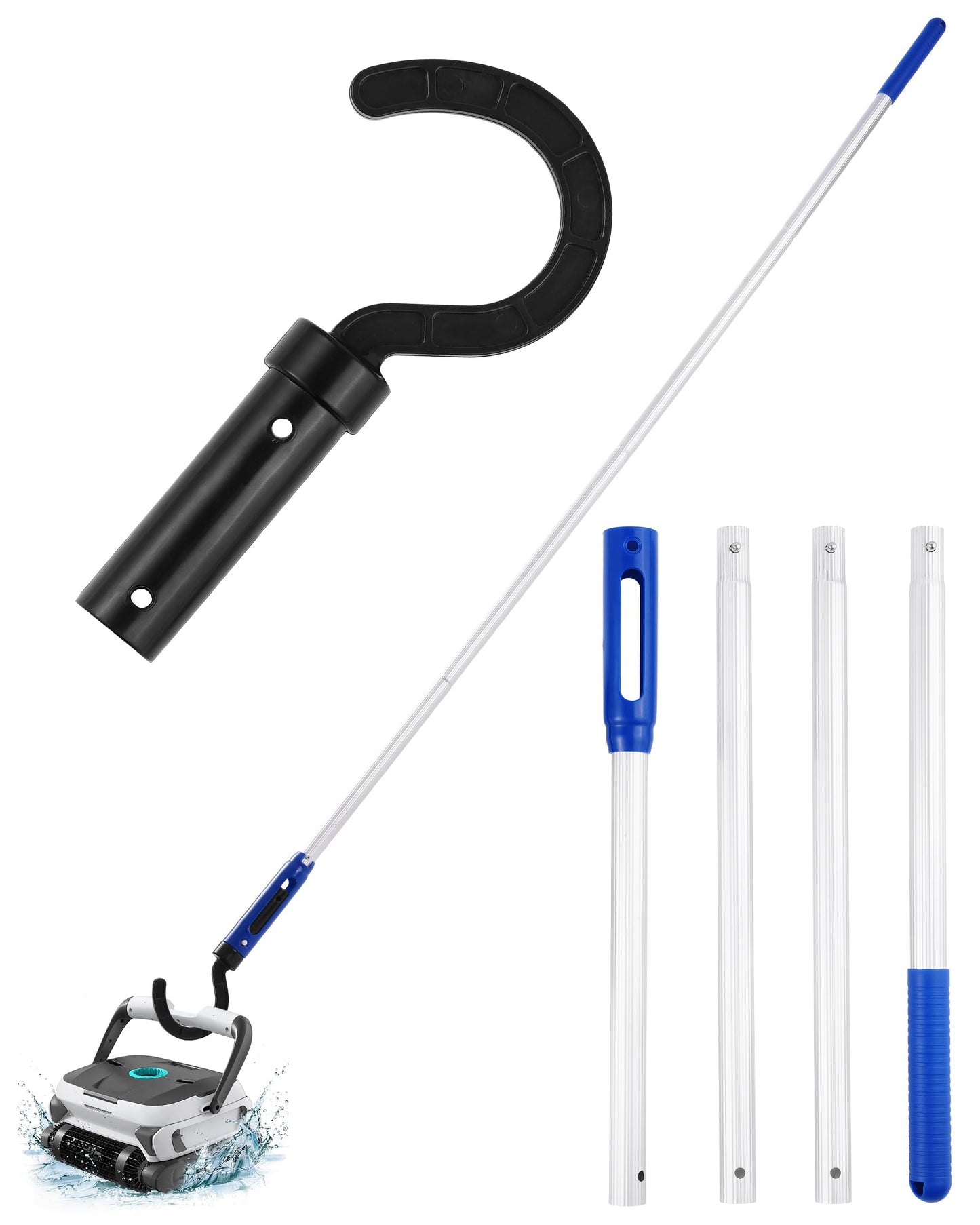 Pool Robot Retrieval Hook - 63.8 Inch Adjustable Stainless Aluminum Pole, Heavy-Duty Detachable Hook for Pool Robot Vacuum Robotic Pool Cleaner Including Cordless/Above Ground/Underwater Cleaners