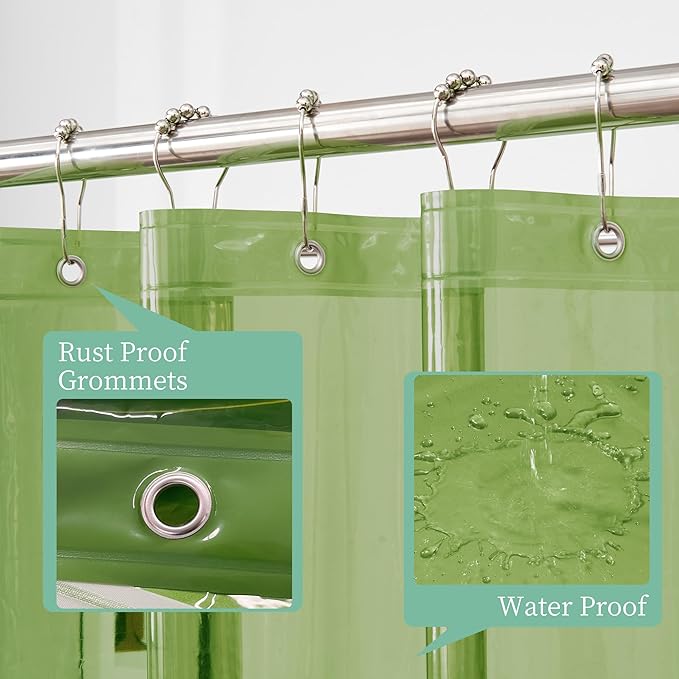 Mrs Awesome Clear Green Shower Curtain Liner with 3 Magnets, 72x72 Premium Flexible Sturdy Plastic Shower Curtain for Bathroom Waterproof, Clear Green