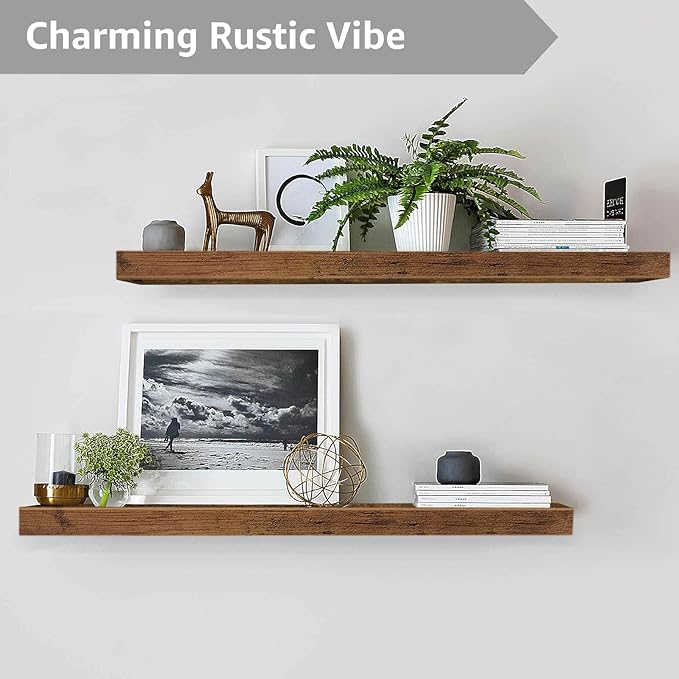 QEEIG Floating Shelves for Wall 39.4" Long - Wall Mounted Shelf Bathroom Kitchen Living Room Bedroom Farmhouse Home Decor Display Bookshelf Large 39.4 x 9.3 inch Set of 2, Rustic Brown (008-100BN)