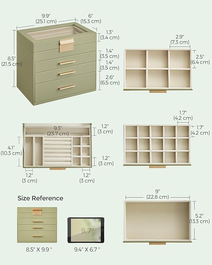 SONGMICS GISELLA Collection - Jewelry Box Organizer, 4-Layer Jewelry Storage with 3 Drawers, Shiny Metal Hardware, Glass Lid, Modern, 6 x 9.9 x 8.5 Inches, Laurel Green and Gold Color UJBC161C02