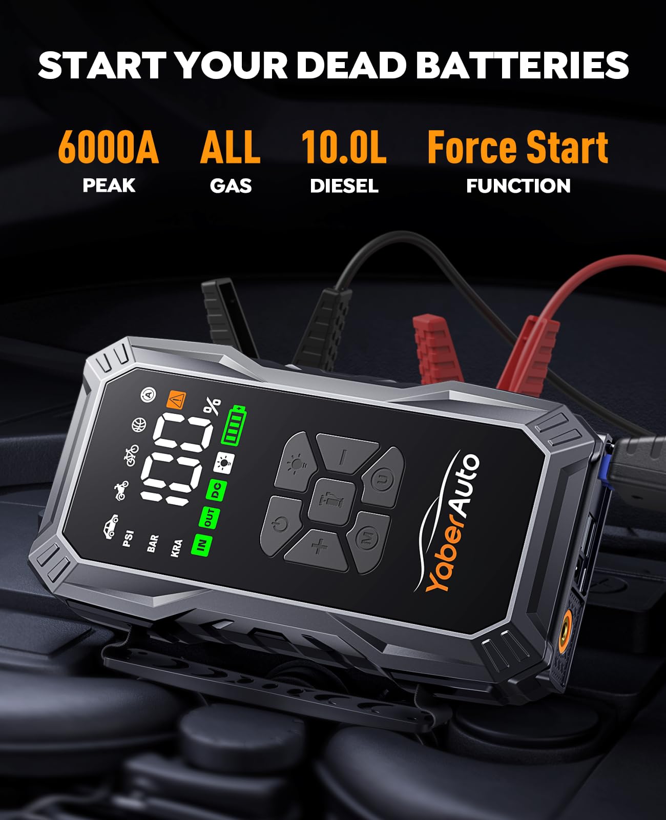 YaberAuto 10-in-1 Jump Starter with Air Compressor 6000A 150PSI Car Battery Jump Starter (All Gas/10L Diesel) 12V Jump Box Car Battery Jumper Starter Portable Jumper Cables, 150W DC, Gloves, Lights