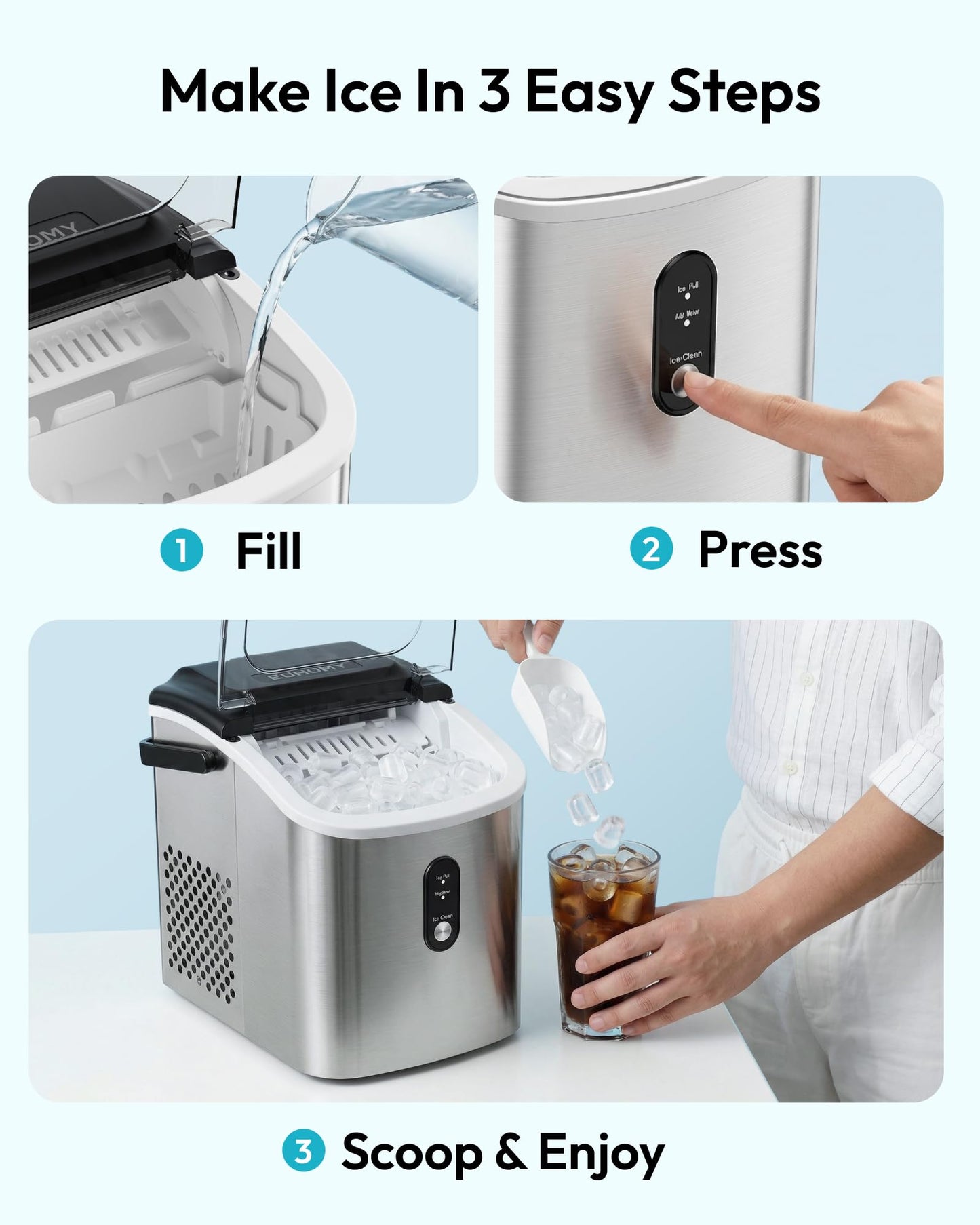 EUHOMY Ice Maker Countertop, Portable Ice Machine with Carry Handle, 26.5lbs Per Day, 9 Cubes in 6 Mins, Auto-Cleaning, with Basket and Scoop, for Home, Kitchen, Camping, RV (Silver)