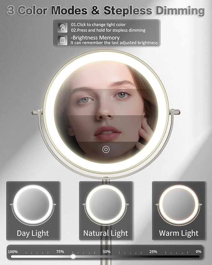 VFD 30X/1X Makeup Mirror with Lights, Height Adjustable Lighted Magnifying Vanity Mirror with 3 Lighting and Adjustable Brightness, 3000mAh Rechargeable Double Sided Switch for Desk Women Gift