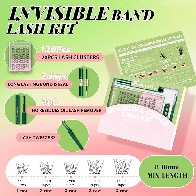 KEYYOU Venus Lash Clusters Kit Fairy Lash Extension Kit C Curl 120Pcs Eyelash Extension Wispy Natural Invisible Band with Waterproof DIY at Home(Venus-C-8-16MIX)