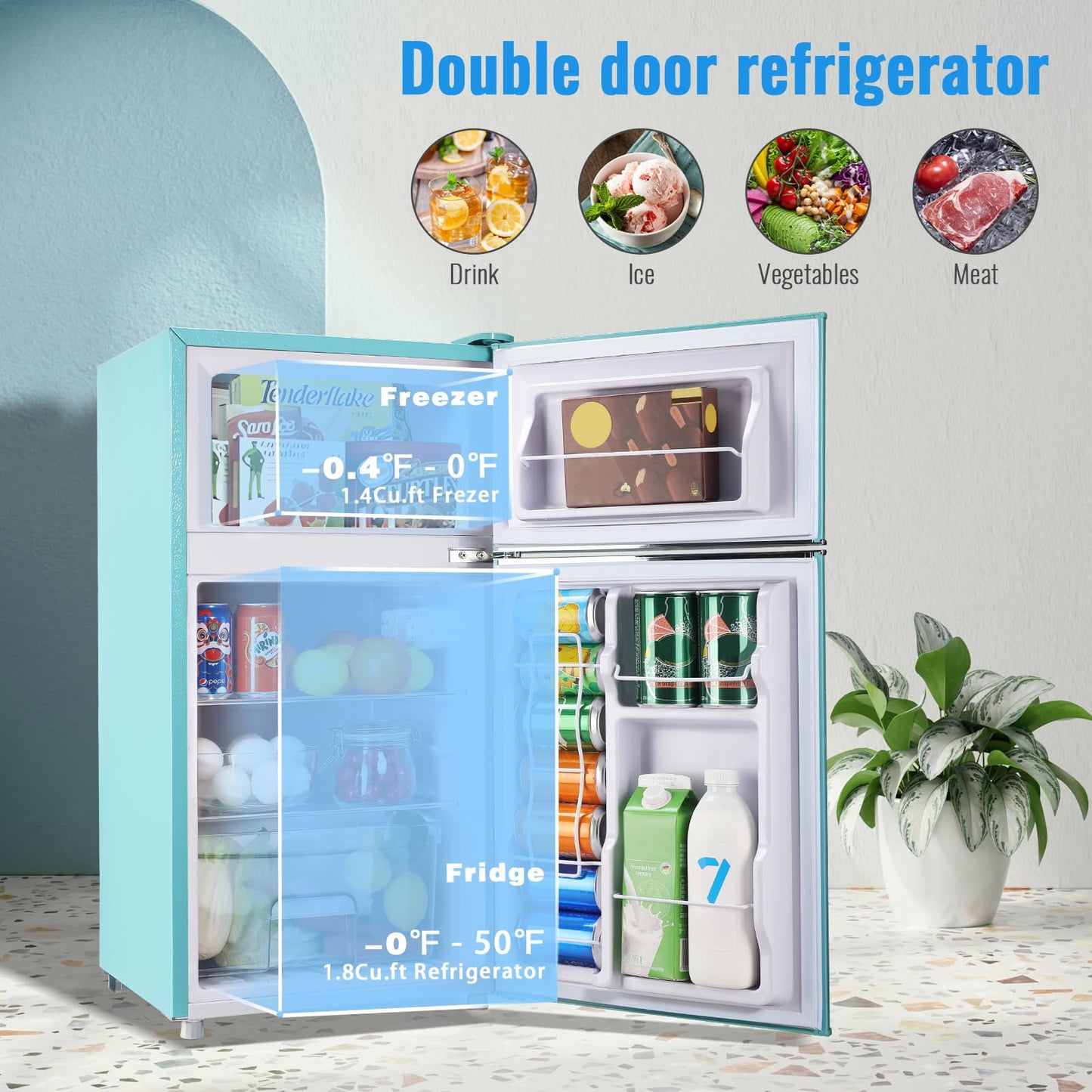WANAI 3.5 Cu.ft Retro Mini Fridge with Freezer Small Retro Dual Door Refrigerator Freestanding Compact Refrigerator with Freezer 2 Door Mini Fridge for Bedroom, Dorm, Office Blue