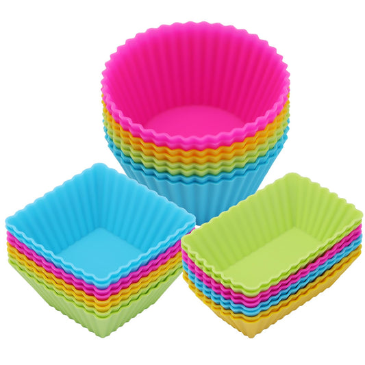 24Pack Silicone Muffin Cups, Reusable Cupcake Liners Molds for Baking, 3 Shapes Lunch Box Bento Dividers-Round, Square, and Rectangular (Colorsful, Large Size)