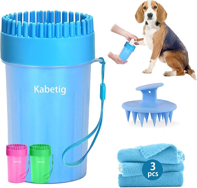 Dog Paw Cleaner Kit for Medium & Small Dogs - Quick Clean No Full Bath, 2-in-1 Paw Wash Cup with Detachable Silicone Brush Head, Includes Bath Brush & 3 Absorbent Towels, Blue