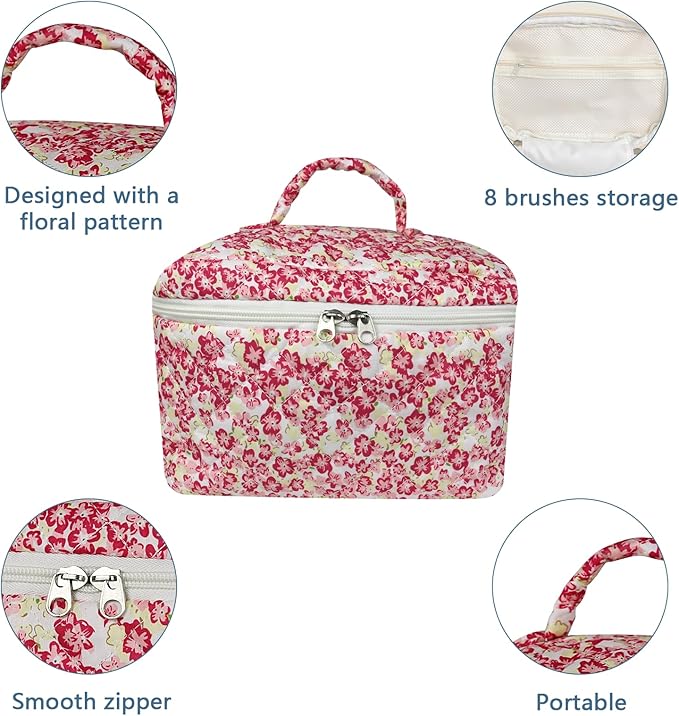 Gosect 1pc Large Makeup Bag, Cute Cosmetic Bag for Women Girls, Floral Coquette Aesthetic Toiletry Bag, Travel Make Up Organizer Bag (Red Small Flower