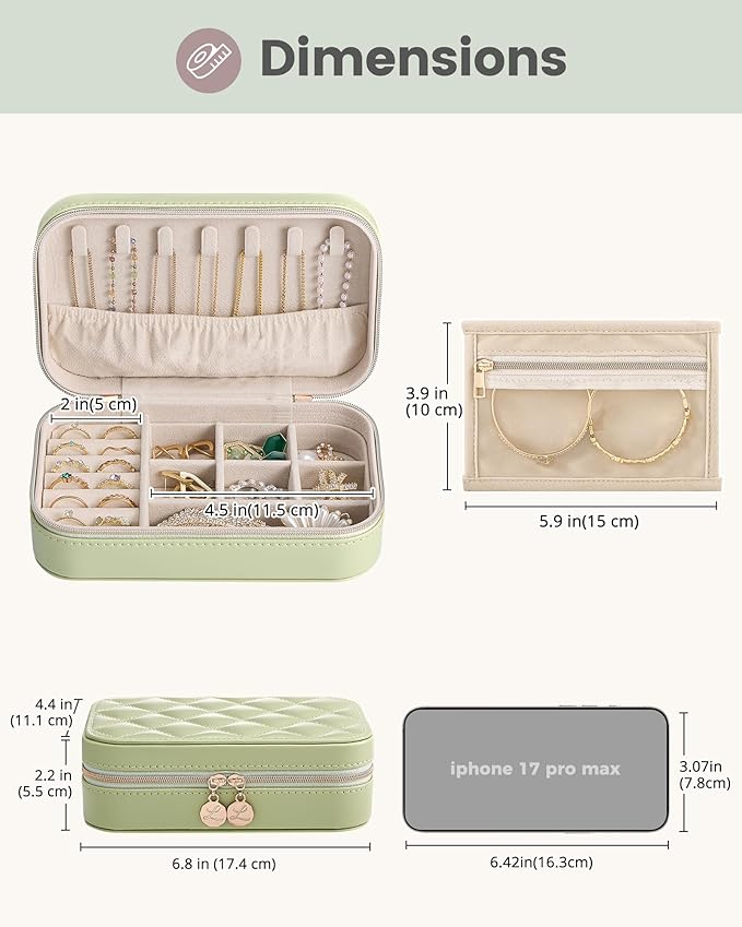 Lolalet Travel Jewelry Case for Women Girls, Travel Jewelry Organizer with Clear Storage Bag Small Portable Jewelry Box for Necklace Bracelet Earring Ring Birthday Bridesmaid Gifts -Medium/Green