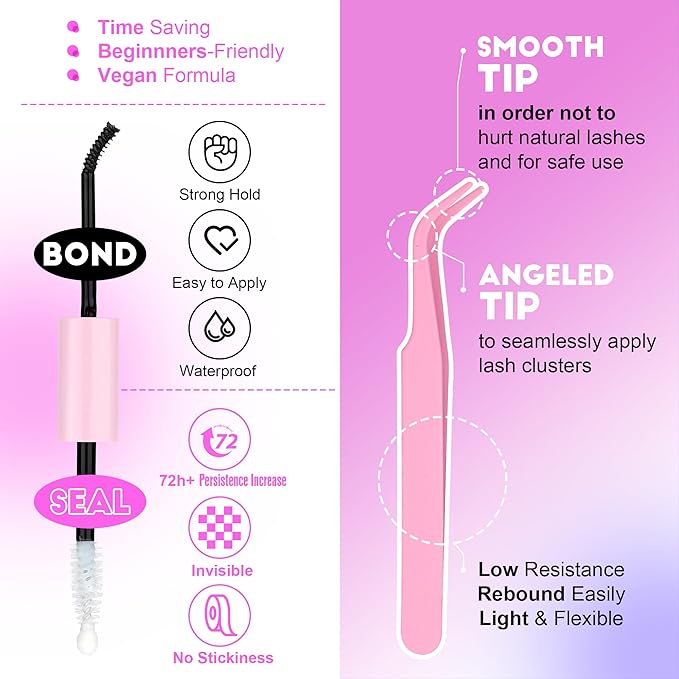 Pawotence Lash Extension Kit DIY 280pcs Individual Lash Clusters Kit 50D 9-16mm Cluster Eyelash Extensions Kit with Lash Bond and Seal, Lash Tweezers for Self Application (50D, 0.07D, 9-16mm, Kit)