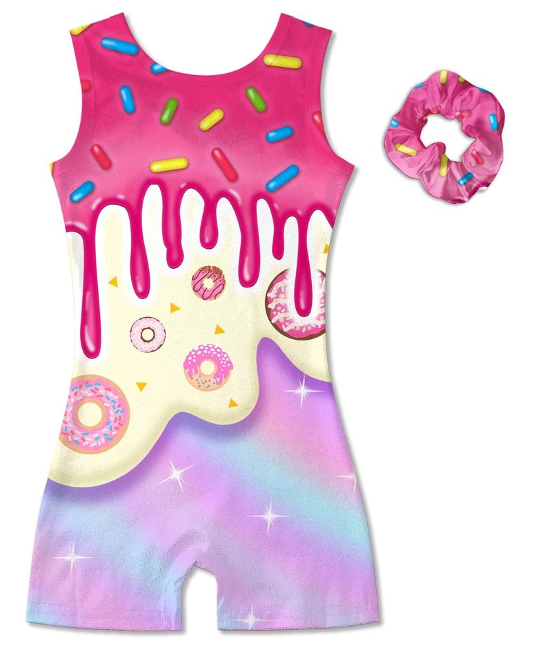 Vogseek 7-8 Years Girls Gymnastics Leotards with Hair Scrunchie Sparkle Dance Unitards Melted Ice Cream Shiny Active Biketards with Shorts for Kid Cute Tumbling Dance Outfit, Doughnut