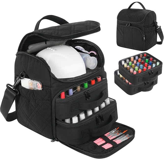 Nail Polish Organizer with 2 Detachable Cases Hold 60 Bottles & Nail Lamp, Portable Nail Organizers and Storage with Handle & Shoulder Strap, Travel Nail Bag for Manicure Tools