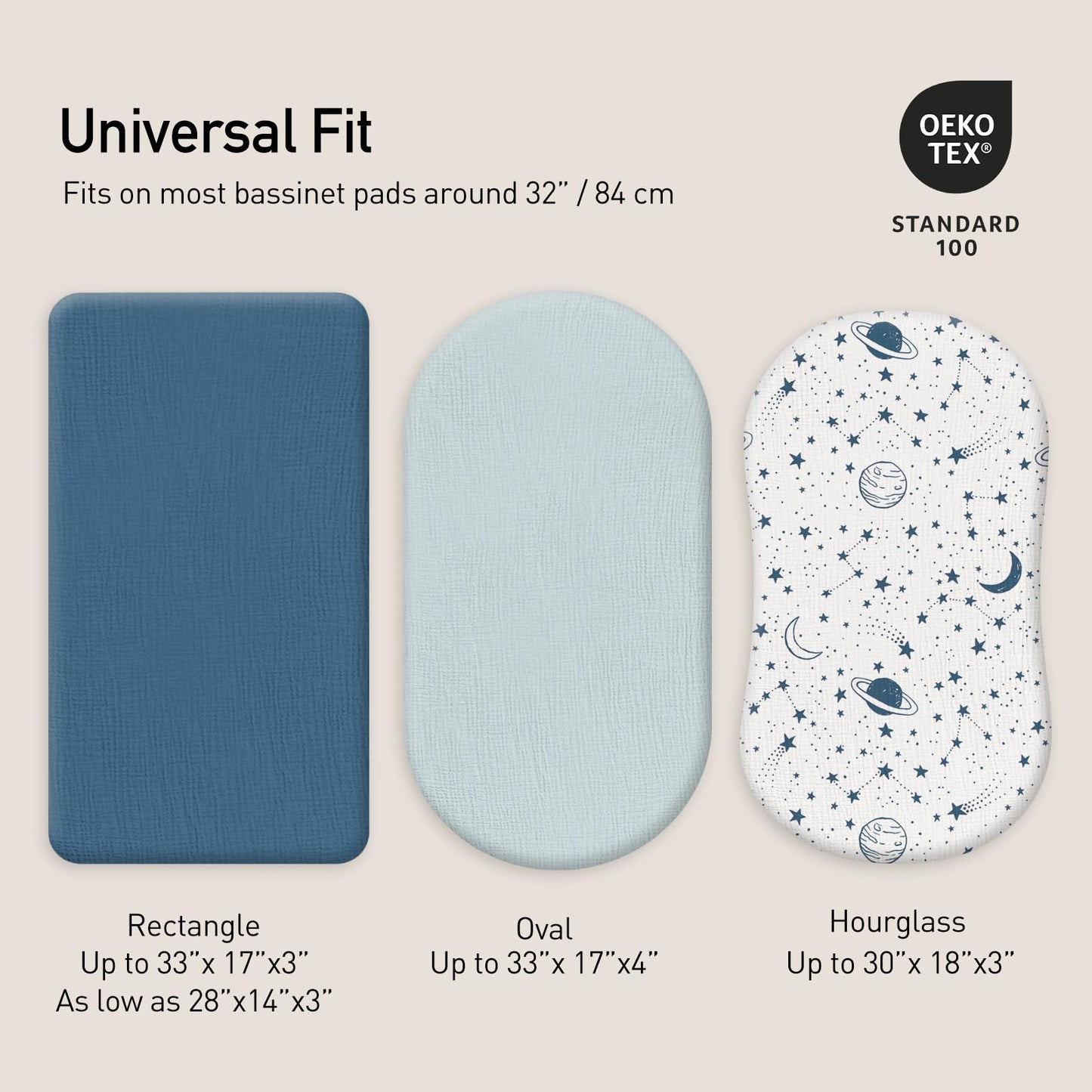 Gllquen Baby Muslin Bassinet Sheets 3 Pack, Breathable Elastic Cozy Fitted Cotton Bassinet Mattress Sheet for Baby Boy Girls, Fit for Hourglass Oval Rectangular Cradle Pad Sheets 33"x17" (Blue)