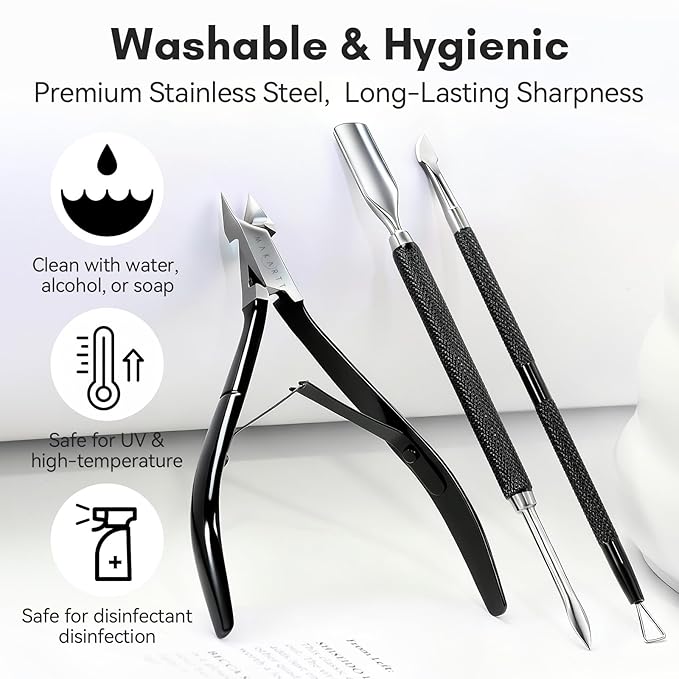 Makartt Cuticle Trimmer Set: Professional Cuticle Nipper and 2 Cuticle Pushers, Stainless Steel Manicure Tools for Nail Care and Prep, 7mm Precision Jaw, Ergonomic, Washable and Portable (Black)
