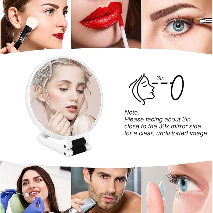 30x Magnifying Mirror, Travel Hand Mirrors with Handle - Double Side Handheld Mirror with 1X 30X Magnification & Adjustable Handle, Hand Held Foldable Travel Mirror for Makeup(Pearl White)