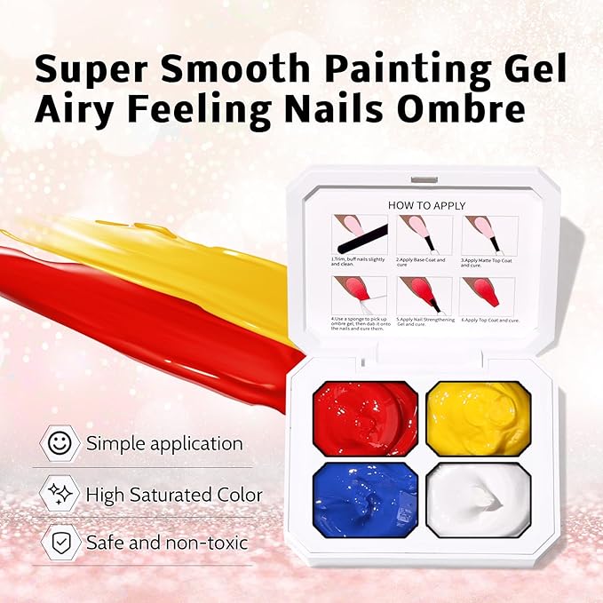 Patting Gel Nail Polish Set, Ombre Gel Polish Palette 100pcs Sponges 6pcs Brushes 1 Grabber, Blue Red Yellow White Primary Colors Blending Painting Art, No Wipe, UV/LED Cured (4 Colors Set A)