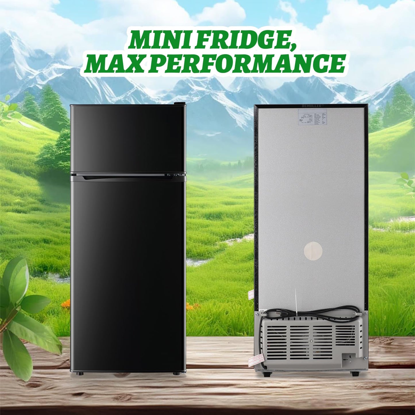 DEMULELR 4.5Cu.ft Small Mini Refrigerator with Freezer Black Two Door Mini Fridge with Crisper Drawer & Extra Drink Space, LED Light, Apartment Size Fridge for Dorm Office 17.5" W x 18.5" D x 43" H