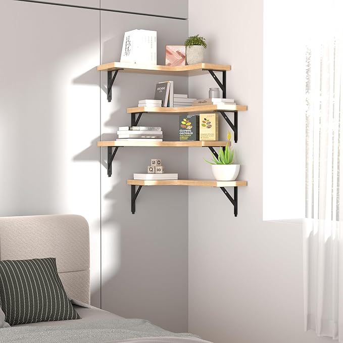 ROMGUAR CRAFT Corner Floating Shelves Wall Mounted Set of 4, Rustic Wood Storage Display Shelves for Home Decor, Bathroom, Kitchen, Bedroom, Living Room, Office (Natural)