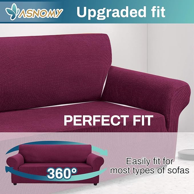 Asnomy Couch Covers for 3 Cushion Couch Stretch Sofa Covers Slipcovers, Pet Protector Furniture Covers for Dogs Cats Spandex Jacquard Fabric Small Checks （X-Large，Wine Red）