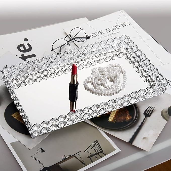 Feyarl Crystal Perfume Tray Cosmetic Vanity Makeup Tray Mirrored Jewelry Trinket Rings Earrings Organizer Storage Decorative Tray for Dresser Countertop Wedding Home Bathroom(13.7" x 7.87")