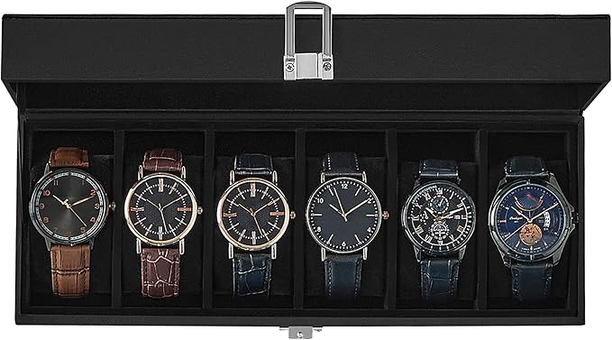 SONGMICS Watch Box, 6-Slot Watch Case Organizer with Large Glass Lid, Removable Pillows, Gift for Loved Ones, Black Synthetic Leather, Black Lining UJWB06B01