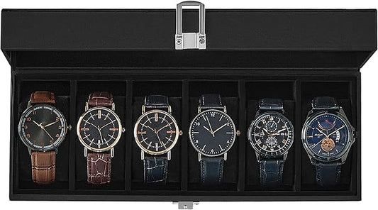 SONGMICS Watch Box, 6-Slot Watch Case Organizer with Large Glass Lid, Removable Pillows, Gift for Loved Ones, Black Synthetic Leather, Black Lining UJWB06B01