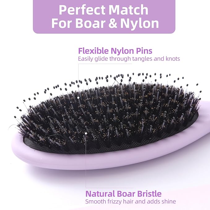 Boar Bristles Hair Brush for Women and Men, Detangling Hair Brush for Smoothing Massage Add Shine, Nylon&Boar Bristles Detangler brush for Hair Healthy (1 Pcs-Purple&White)