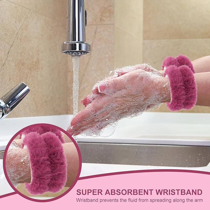 CAVETEE 3 Piece Pink Bear Ears Headband Set - Elastic Headband, Wristband for Women, Girls Wash Face, Skincare, Shower