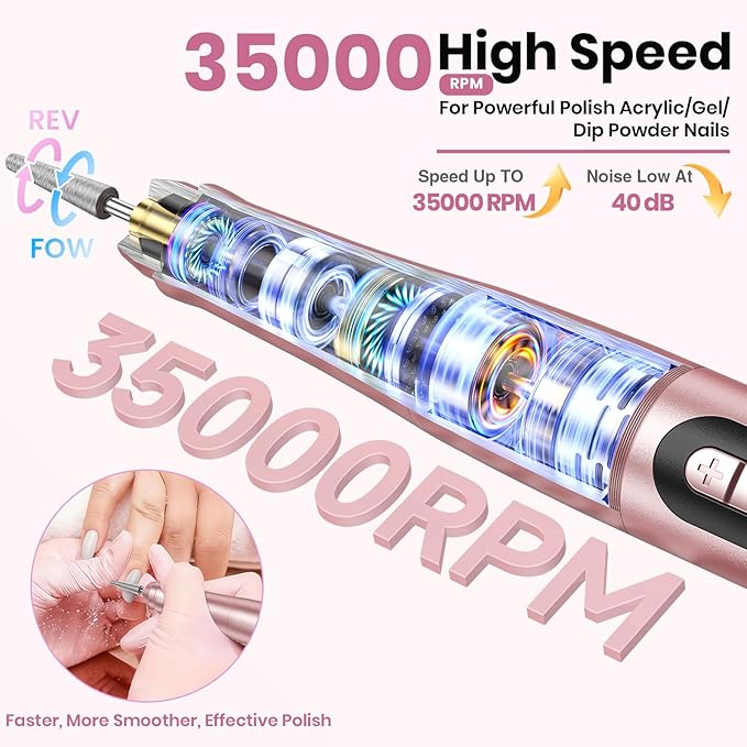 Cordless Nail Drill 35000RPM, Portable Electric Nail File for Acrylic Gel Nails, Professional Manicure Pedicure Kit, Rechargeable Pedicure Tools for feet with LCD Display, Low Noise Low Vibration