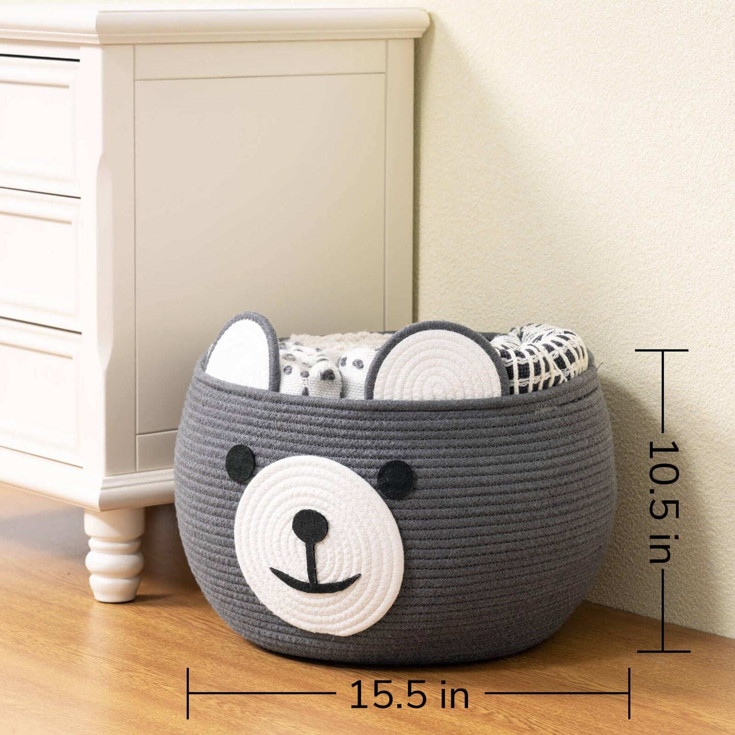 CherryNow Cotton Rope Baby Cute Storage Basket for Organizing, Toy Woven Rope Bear Basket for Kids, Empty Gift Baskets with Handles, Grey, 15.7" D x 10.5" H
